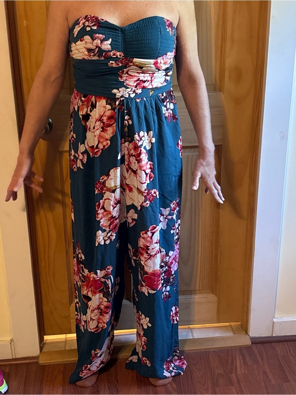 Bog Collective Floral Wide-Leg Jumpsuit Pants - Teal with Pink and white Floral.